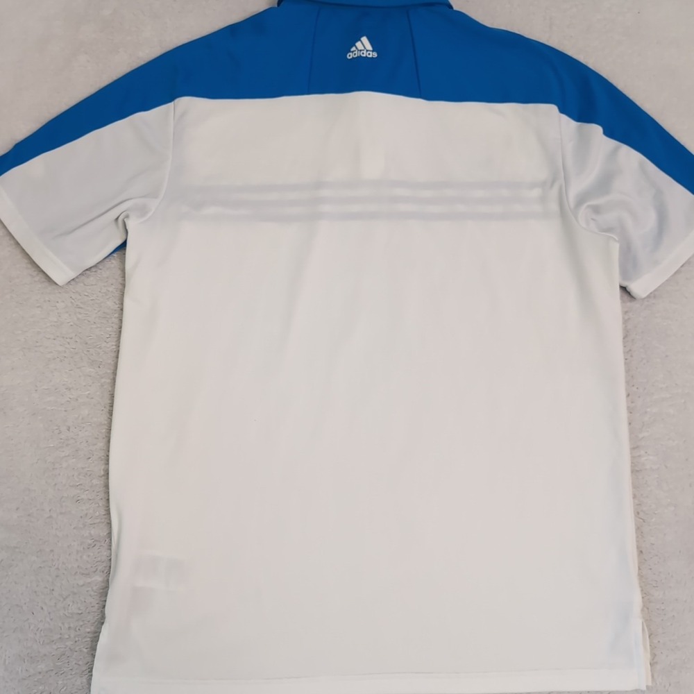 Adidas Polo Mens M White Blue Colorblock Stripe S/S 5% Spandex The First Tee - Picture 8 of 8
